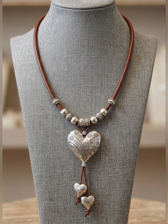 Artisan Jewelry - Antique Silver Heart Pendant on Leather Cord